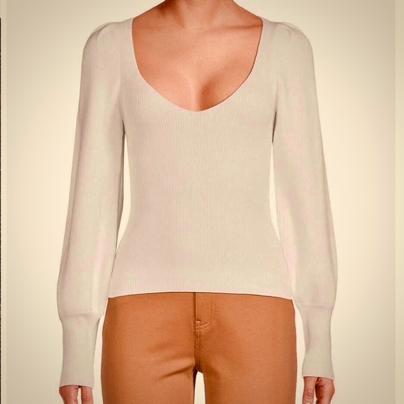 French Connection Cream Beige Ribbed Puff Balloon Long Sleeve V-Neck Sweater Med - Picture 1 of 10